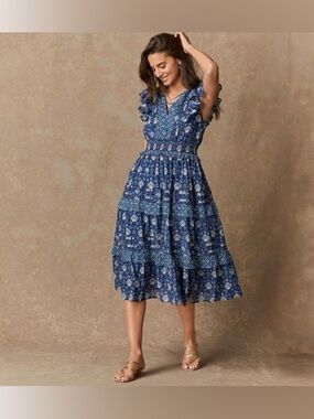 Sundance Sechura Floral Ruffle Boho Midi Dress Oceana Blue Tiered ulla revolve